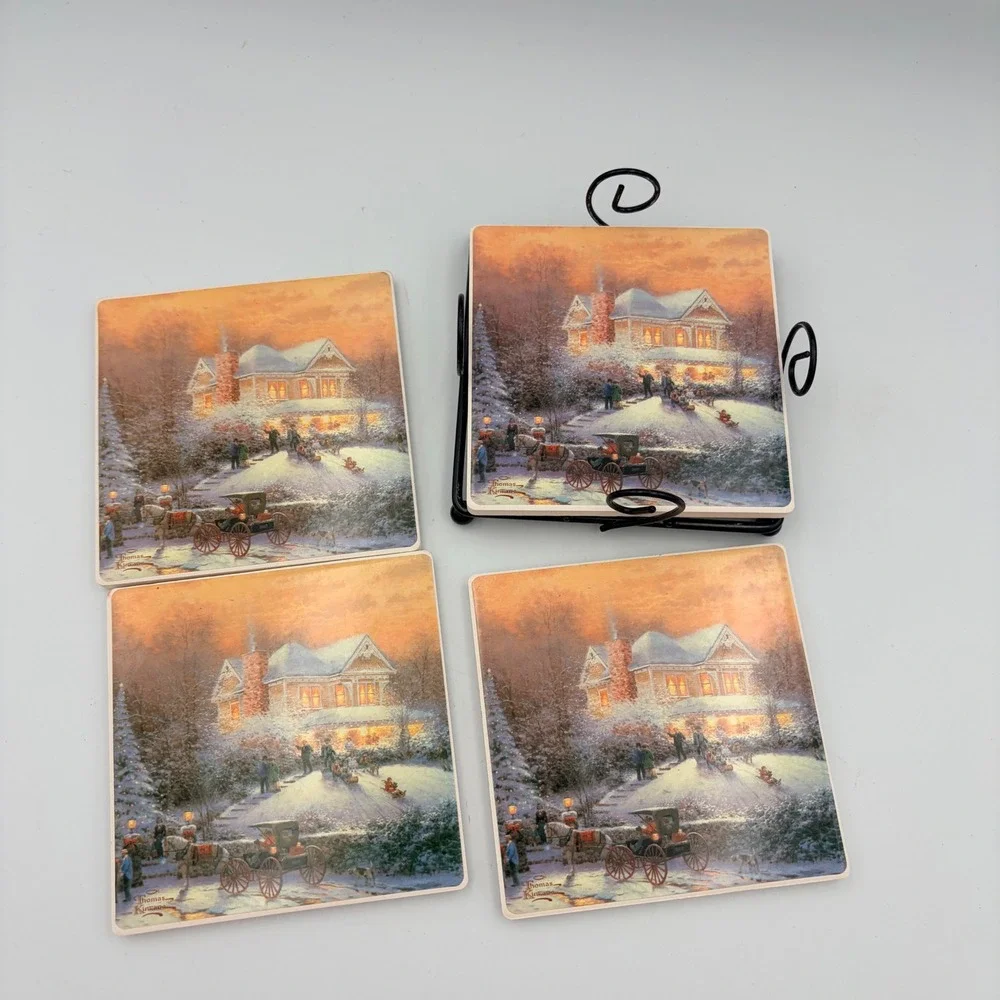 Thomas Kinkade Victorian Christmas II Ceramic Coaster Set of 4 with Metal Holder